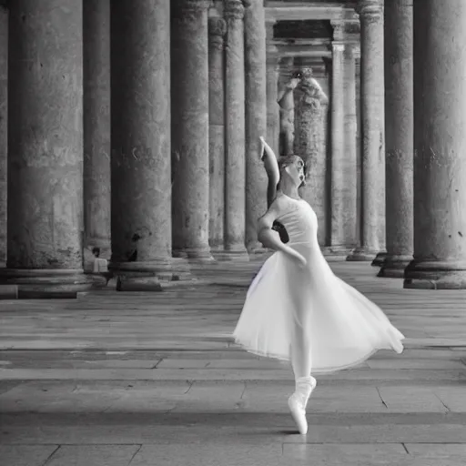 Image similar to , a woman filling ballet surrounded by a crowd of ancient civilisations 5 0 mm lens, f 1. 4, sharp focus, ethereal, emotionally evoking, head in focus, volumetric lighting, 8 k