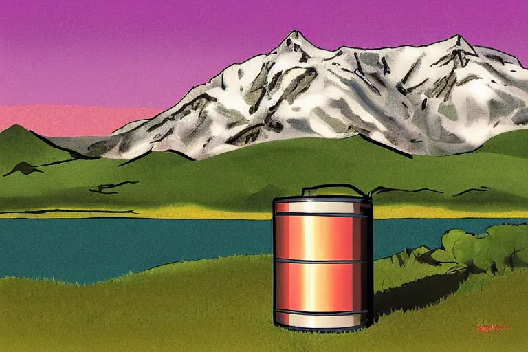 Prompt: a keg with mountain views, digital art