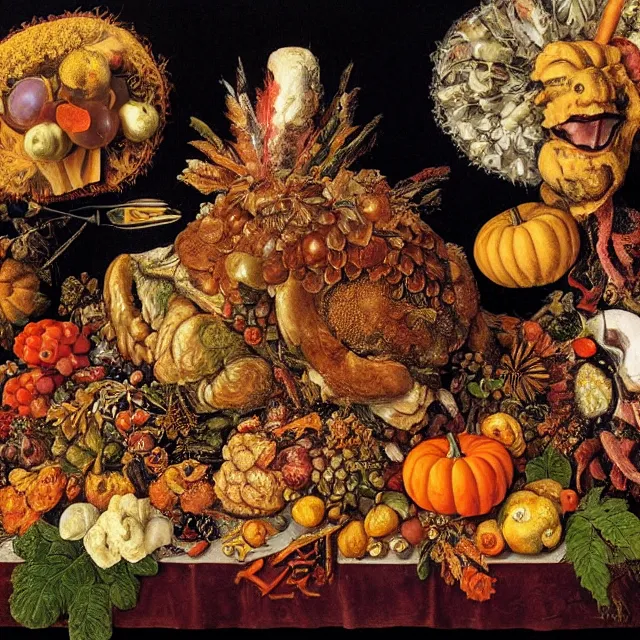 Image similar to thanksgiving supper, black background, still life by giuseppe arcimboldo, vanitas, intricate high detail masterpiece