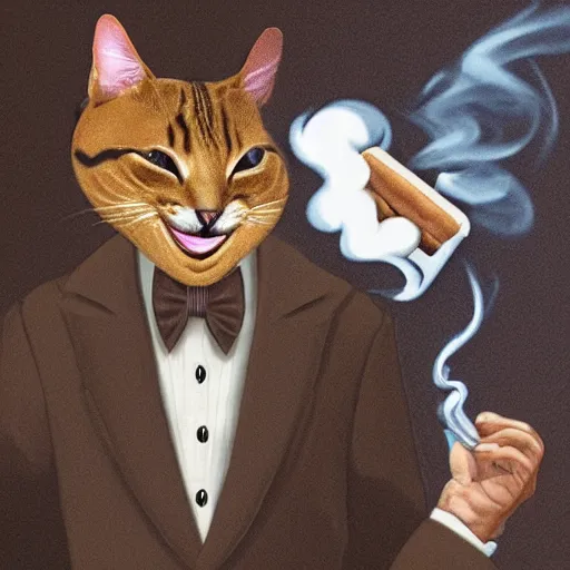 Image similar to an antropomorphic cat wearing a suit smoking a cigar