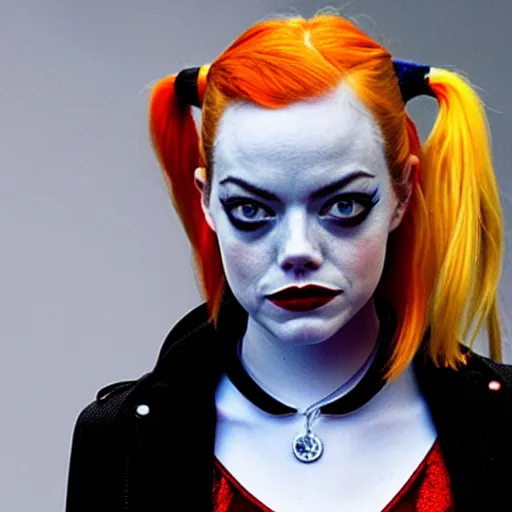 Prompt: emma stone as harley quinn, golden ratio, hd, centered