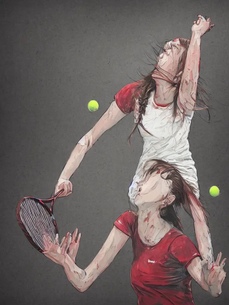 Prompt: young adult woman playing tennis, anime, painful, cardboard, blood stains on shirt, blood on tennis court, bleeding audience, illustration, traditional drawing style, dramatic mood, textured canvas, highly detailed, fine art, melancholic art, oil pastels, 8 k render octane high definition cgsociety