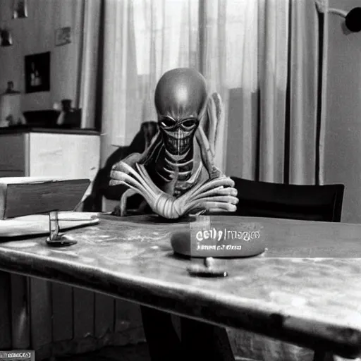 Prompt: an alien sits at a table on new year's eve in a soviet union apartment, top secret style, old photo