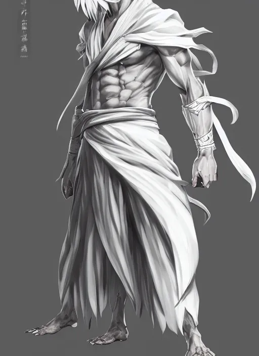 Prompt: a highly detailed illustration of fierce white haired attractive young japanese man wearing white hakama, black eyes, dramatic serious pose, muscular, intricate, elegant, highly detailed, centered, digital painting, artstation, concept art, smooth, sharp focus, league of legends concept art, wlop