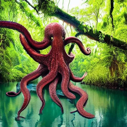 Image similar to a jungle, river with low hanging plants, flowers on the water, there is a giant octopus climbing up a tree, great photography, ambient light