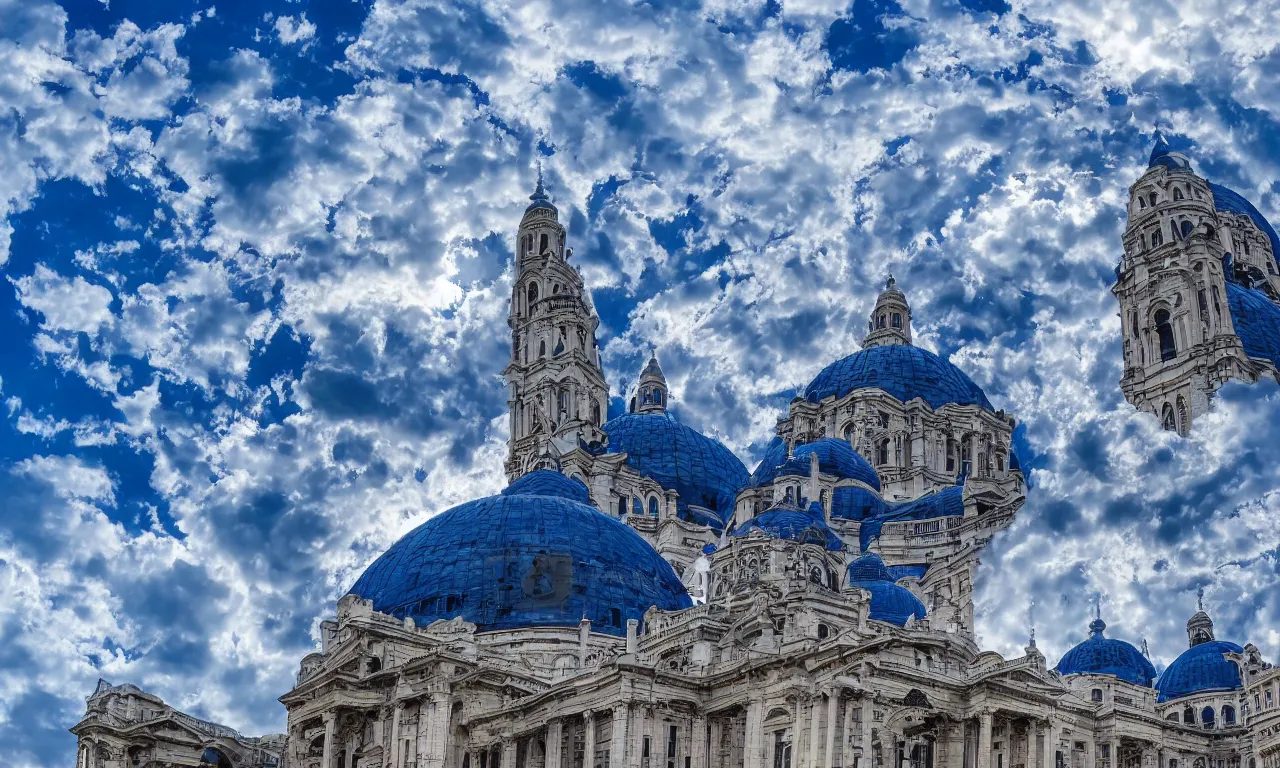 Prompt: Beautiful City of Blue Domes under a Spectacular Indigo Sky
