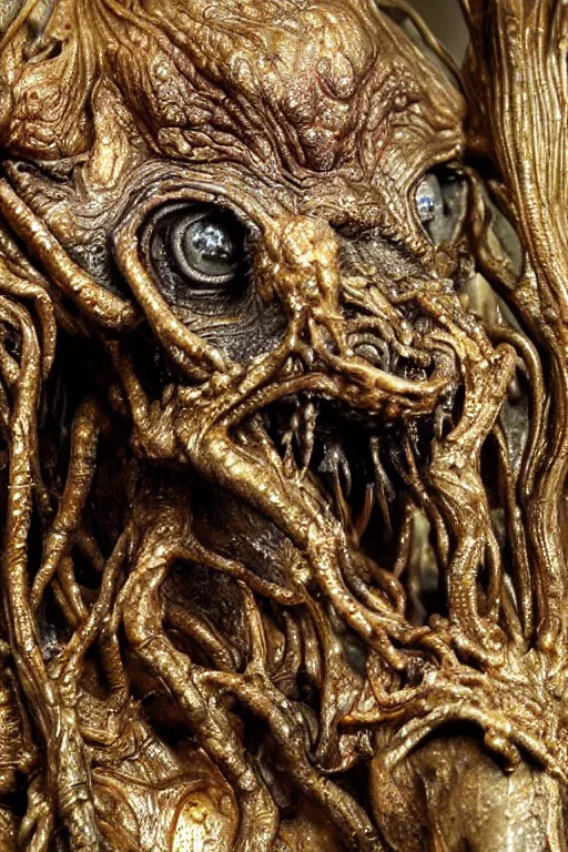 Image similar to photo taken of an epic intricate, ultra detailed, super realistic gritty, wet, slimy, lifelike sculpture of a nightmarish hellish alien ghoulish creature created by weta workshop, zoomed in shots, photorealistic, sharp focus, white wall coloured workshop, cold blueish colour temperture, f 0. 4, face centred, golden ratio, golden hour