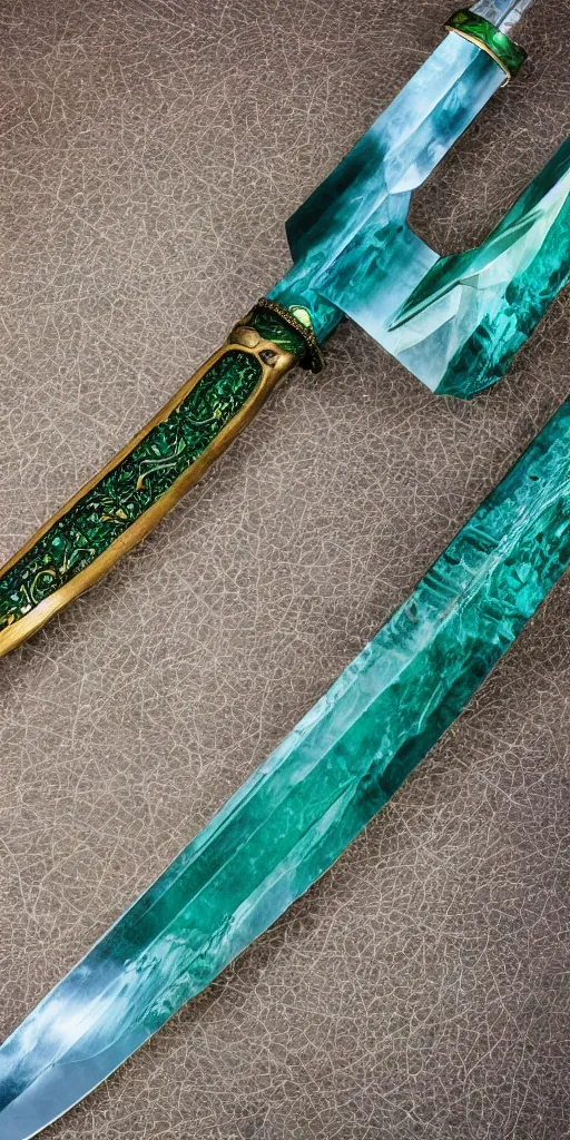 Image similar to photograph of a wide green and teal crystal double - edged sword blade attached to a big gold sword hilt