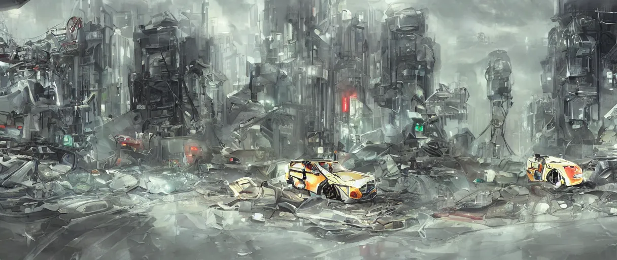 Image similar to concept art of one rescue robot, disaster in the city, night, shinji aramaki