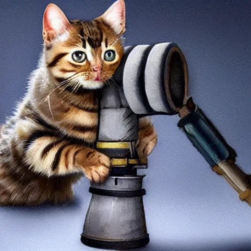 Image similar to realistic cute cat holding a giant minigun