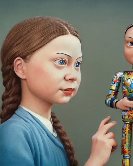 Prompt: closeup face profile portrait of greta thunberg as a tin toy 1 9 5 0 s chemistry teacher, bikini, depth of field, zeiss lens, detailed and intricate environment, fashion photoshoot by nicoletta ceccoli, mark ryden, lostfish, breathtaking, 8 k resolution, artistic, hyperrealistic, octane render