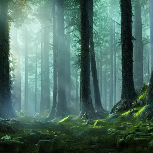 Image similar to A beautiful hyper realistic detailed matte painting of the inside deep forest with high trees, dynamic lighting, cinematic lighting, lit by morning light, unreal engine, featured on artstation