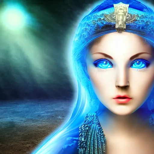 Image similar to mysterious divine goddess with bright blue eyes in a dark cave, photo 3 d,