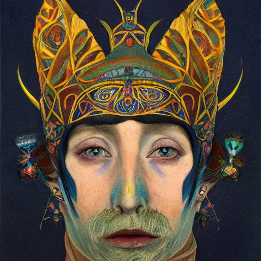 Prompt: the moth crown, by Annie Swynnerton and Nicholas Roerich, bioluminescent skin, tattoos, elaborate costume, geometric ornament, symbolist, smooth, sharp focus, extremely detailed, featured on Artstation, unreal engine