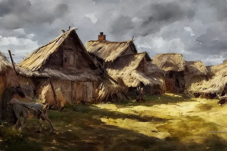 Prompt: paint brush strokes, abstract watercolor painting of rustic village at midday, straw roof, viking town, ambient lighting, art by hans dahl, by jesper ejsing, art by anders zorn, wonderful masterpiece by greg rutkowski, cinematic light, american romanticism by greg manchess, creation by tyler edlin