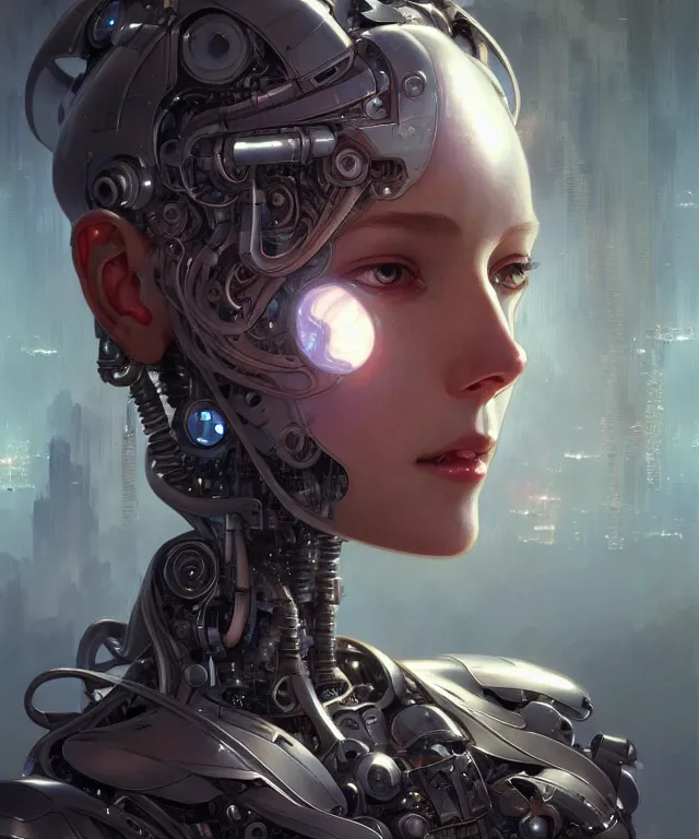 Image similar to beautiful crying! female mechanical android!, half portrait, intricate detailed environment, photorealistic!, intricate, elegant, highly detailed, digital painting, artstation, concept art, smooth, sharp focus, illustration, art by artgerm and greg rutkowski and alphonse mucha