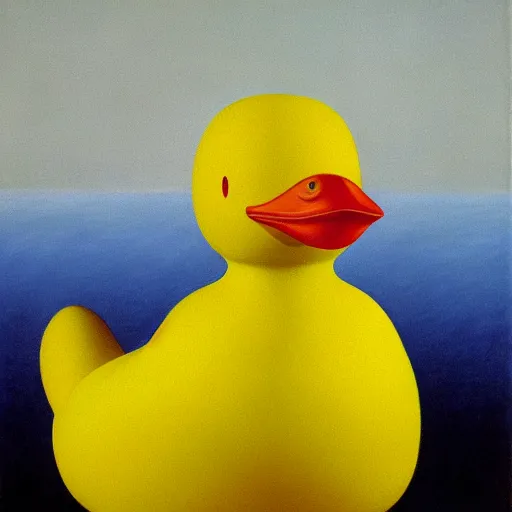 Image similar to portrait of a yellow rubber duck by rene magritte, oil on canvas.