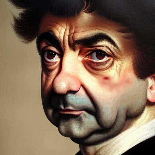 Prompt: a very detailed portrait of rowan atkinson looking down, art by rembrandt