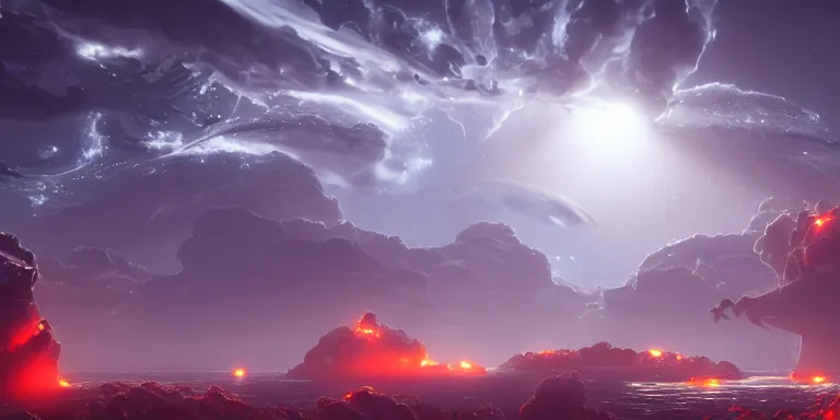 Image similar to throng of various alien flying shiny fish - like creatures, in the style of edwin salpeter. scene set in the upper atmosphere of jupiter. electrical storms. beautiful clouds. volumetric real lighting. real light and shadows. dim sun. astronomy. artstation, octane, real details, fog, 8 k, hd, warm red and orange shades.