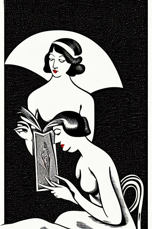 Prompt: art deco woman reading a love note art by james o barr and albrecht durer, surreal woodblock print, black and white, vector, vector art