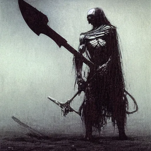 Prompt: dark executioner wielding a huge axe, by beksinski