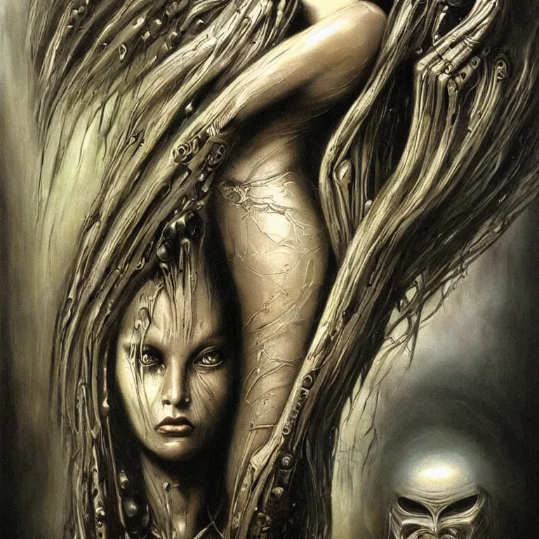 Image similar to beautiful biomechanical moon goddess, flowing hair, intense stare, sweet smile, concept art, realistic oil painting by h. r giger,