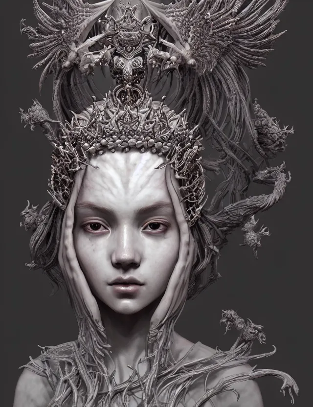 Image similar to symmetrical, centered, zbrush sculpt of goddess close-up portrait wigh crown made of skulls. phoenix betta fish, phoenix, bioluminiscent creature, super intricate ornaments artwork by Tooth Wu and wlop and alena aenami and greg rutkowski