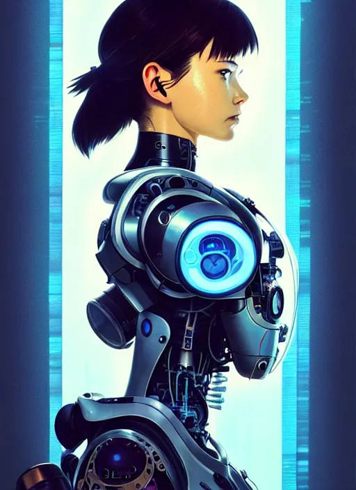 Image similar to side portrait scifi cyborg girl with robotic parts and spacesuit | | head only in center of image, audrey plaza, fine detail!! anime!! realistic shaded lighting!! poster by ilya kuvshinov katsuhiro otomo ghost - in - the - shell, magali villeneuve, artgerm, jeremy lipkin and michael garmash and rob rey