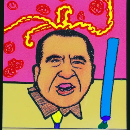 Prompt: child's crayon drawing of richard nixon swimming in spaghetti.