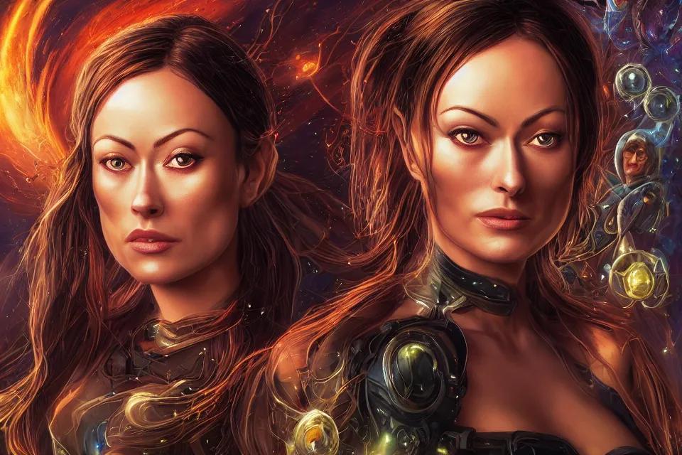 Image similar to big-eyed surprised Quorra, played by Olivia Wilde staring intensely into the camera, sundown golden hour firefly wisps, Lilia Alvarado, Sophie Anderson, Mark Arian, Bob Byerley, Charlie Bowater, Mark Brooks, Steve Henderson, Justin Gerard, Arthur Hughes, Edward Robert Hughes, Mark Keathley, Victor Nizovtsev, Carlos Shwabe, Ross Tran, WLOP