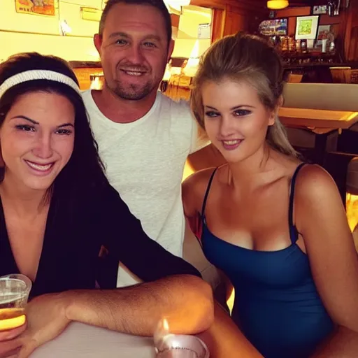 Image similar to photo of a 4 0 year old man that looks young for his age dating a very attractive 2 2 year old woman wearing a bikini. they are are in a restaurant.