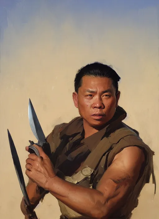 Image similar to greg manchess portrait of a filipino man holding a blade standing in front of a tank, asymmetrical, profile picture, organic painting, sunny day, matte painting, bold shapes, hard edges, street art, trending on artstation, by huang guangjian, gil elvgren, ruan jia, randy vargas, greg rutkowski