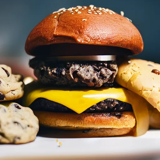 Prompt: a cheeseburger with chocolate chip cookie bun, food photography, highly detailed, advertisement