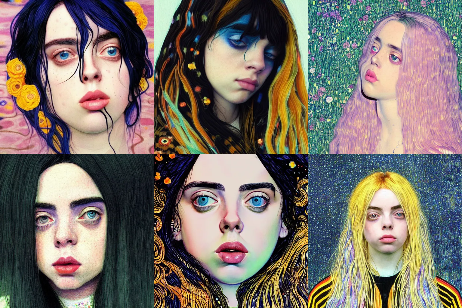 Prompt: beautiful Billie Eilish, highly detailed, artstation, vaporwave, illustration, smooth, sharp focus, art by Gustav Klimt