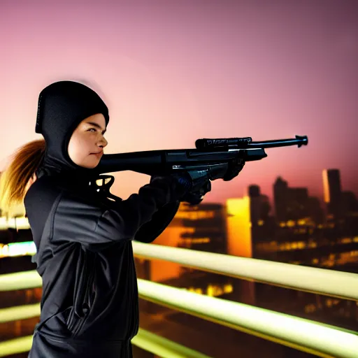 Image similar to photographic portrait of a techwear woman holding a shotgun, closeup, on the rooftop of a futuristic city at night, sigma 85mm f/1.4, 4k, depth of field, high resolution, 4k, 8k, hd, full color, Die Hard, movies with guns, movie firearms