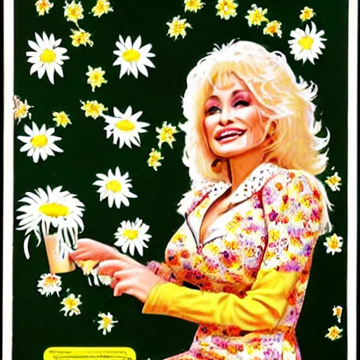 Prompt: young Dolly Parton surrounded by daisies, 70s poster design, retro, groovy, hippie