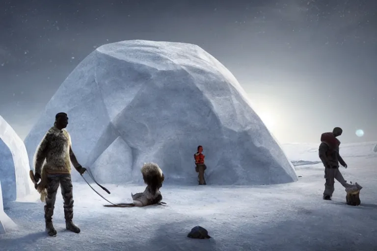 Image similar to the most amazing dream you ever had about black african hunters at arctic near an igloo, hyper realistic, ambient lighting, concept art, intricate, hyper detailed, smooth, dynamic volumetric lighting, octane, cinematic