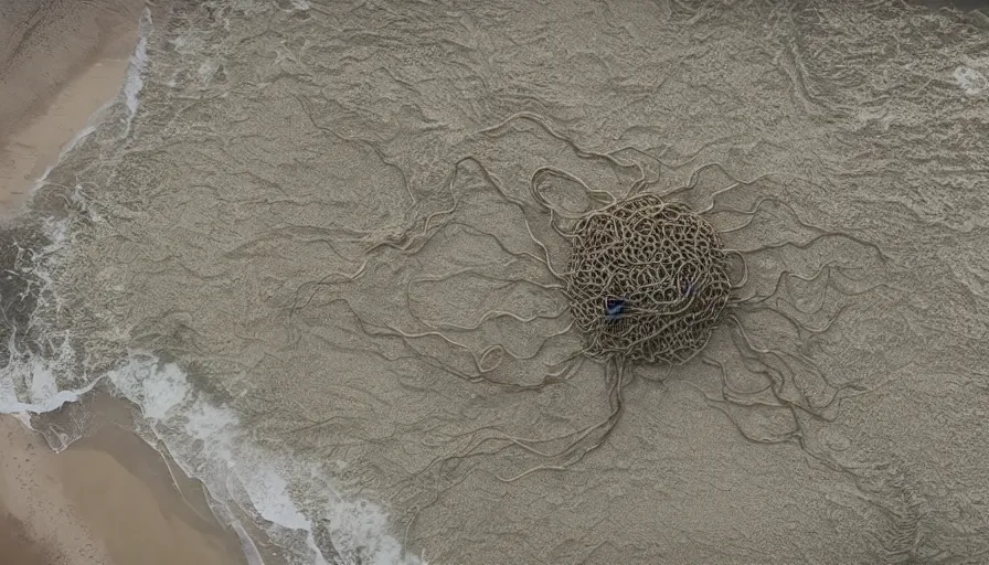 Image similar to CNN news footage taken from above. A huge Flying Spaghetti Monster is washed up on the beach.