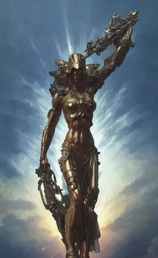 Prompt: cyberpunk four armed statue of the goddess of the sun helios descending from olympus, artstation, concept art, smooth, sharp focus, illustration, art by artgerm and greg rutkowski and alphonse mucha and william adolphe bouguereau and john william waterhouse and gianlorenzo bernini