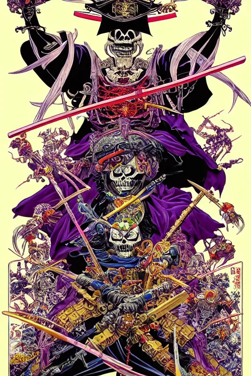 Image similar to poster of crazy skeletor samurai, by yoichi hatakenaka, masamune shirow, josan gonzales and dan mumford, ayami kojima, takato yamamoto, barclay shaw, karol bak, yukito kishiro