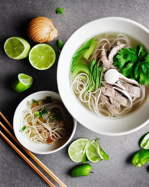 Image similar to realistic photo of delicious pho, bowl, white kitchen table, marble, highly detailed, by louise lister, sara ali, mary devinat, kailee mandel, masterpiece, award winning, food photography