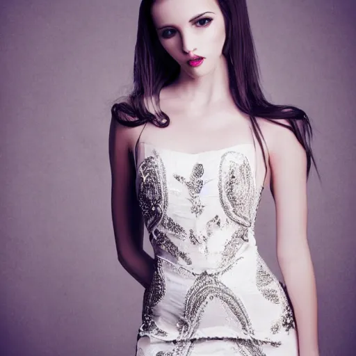 Prompt: fashion photoshoot beautiful female wearing luxury party dress 35mm body shot magazine white background