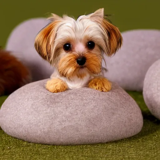 Image similar to yorkiepoo sitting in a pile of mochi, realistic, hd