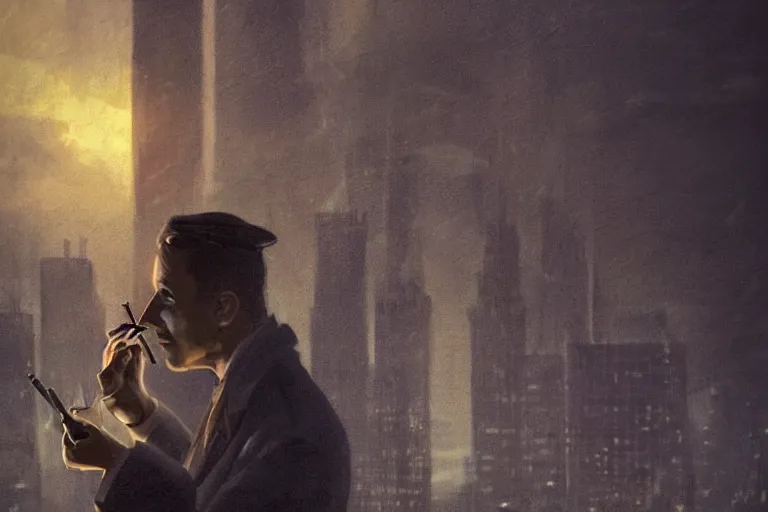 Prompt: stunningly mysterious, detective wearing a trench coat in profile smoking a glowing tobacco pipe on a perch facing the city at night, smooth, focus, highly detailed, hyper realistic, dramatic lighting, intricate, concept art, new york skyline, looking down, art by wlop, greg rutowski, artstation