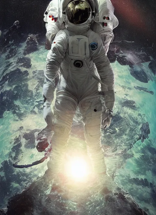 Image similar to astronaut in dark void underwater - complex and hyperdetailed technical suit design. reflection and dispersion materials. rays and dispersion of light. volumetric light. f / 3 2. noise film photo. flash photography. ultra realistic, 5 0 mm. poster by wayne barlowe, hajime sorayama aaron horkey, craig mullins