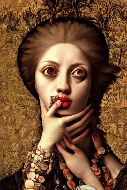 Image similar to Detailed maximalist portrait with large lips and with large, wide eyes, sad expression, HD mixed media, 3D collage, highly detailed and intricate, surreal, illustration in the style of Caravaggio, dark art, baroque