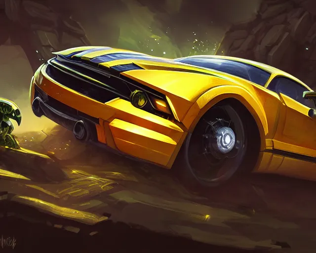 Image similar to sports car bumble bee transformers, deep focus, d & d, fantasy, intricate, elegant, highly detailed, digital painting, artstation, concept art, matte, sharp focus, illustration, hearthstone,