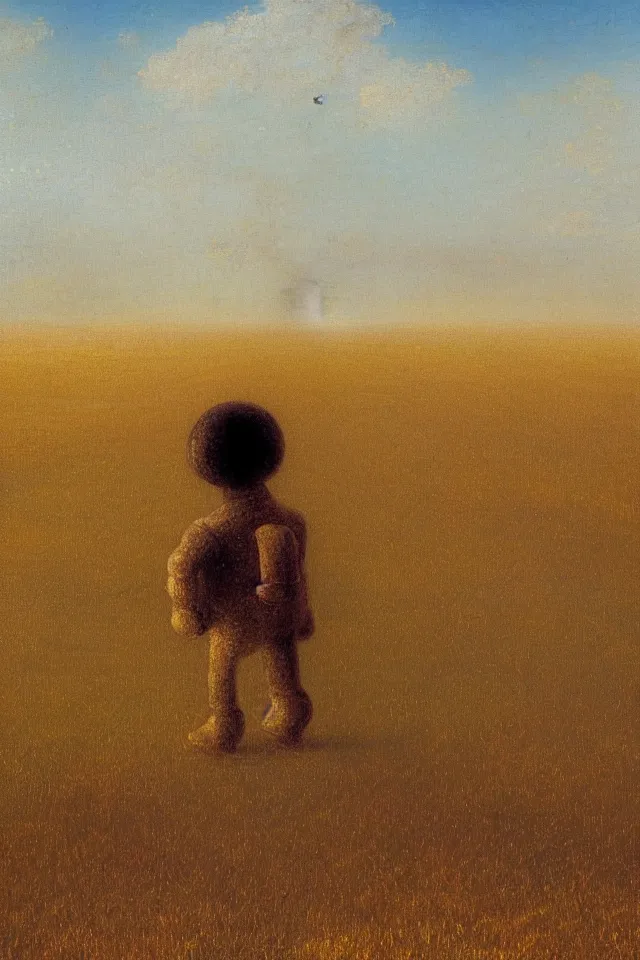 Prompt: the back view of one small robot human on the ground, vast wheat fields, many distant tall buildings far away, by Ivan Aivazovsky, godrays, atmospheric, cinematic, distant world, wide angle, detailed