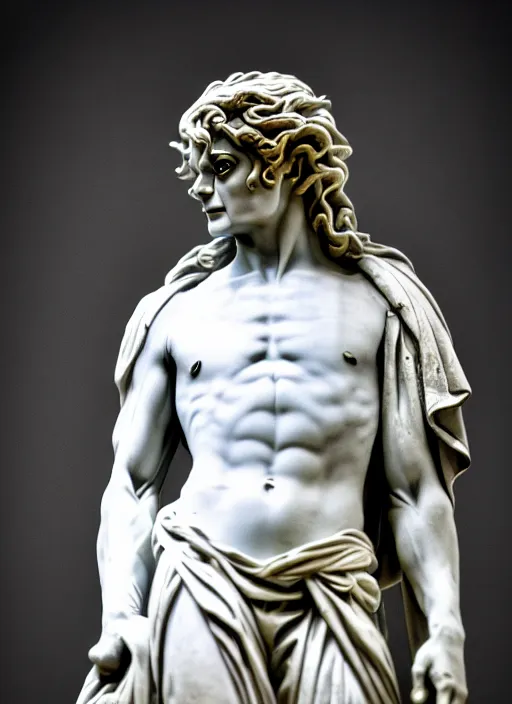 Image similar to michael jackson as marble statue by michaelangelo, high lights, 4 k, high detailed photography, 5 0 mm lens, depth of field, cinematic