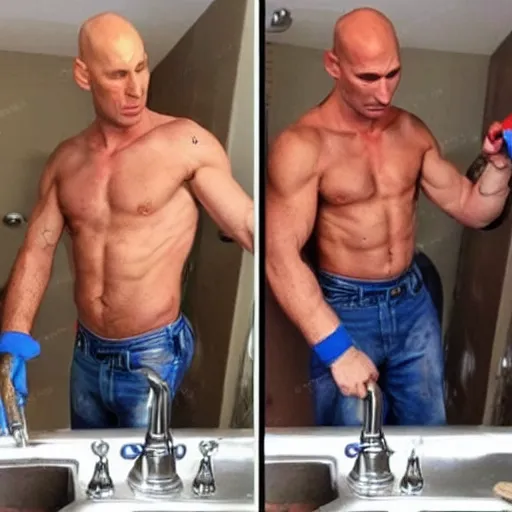 Image similar to johnny sins as a plumber working sincerely